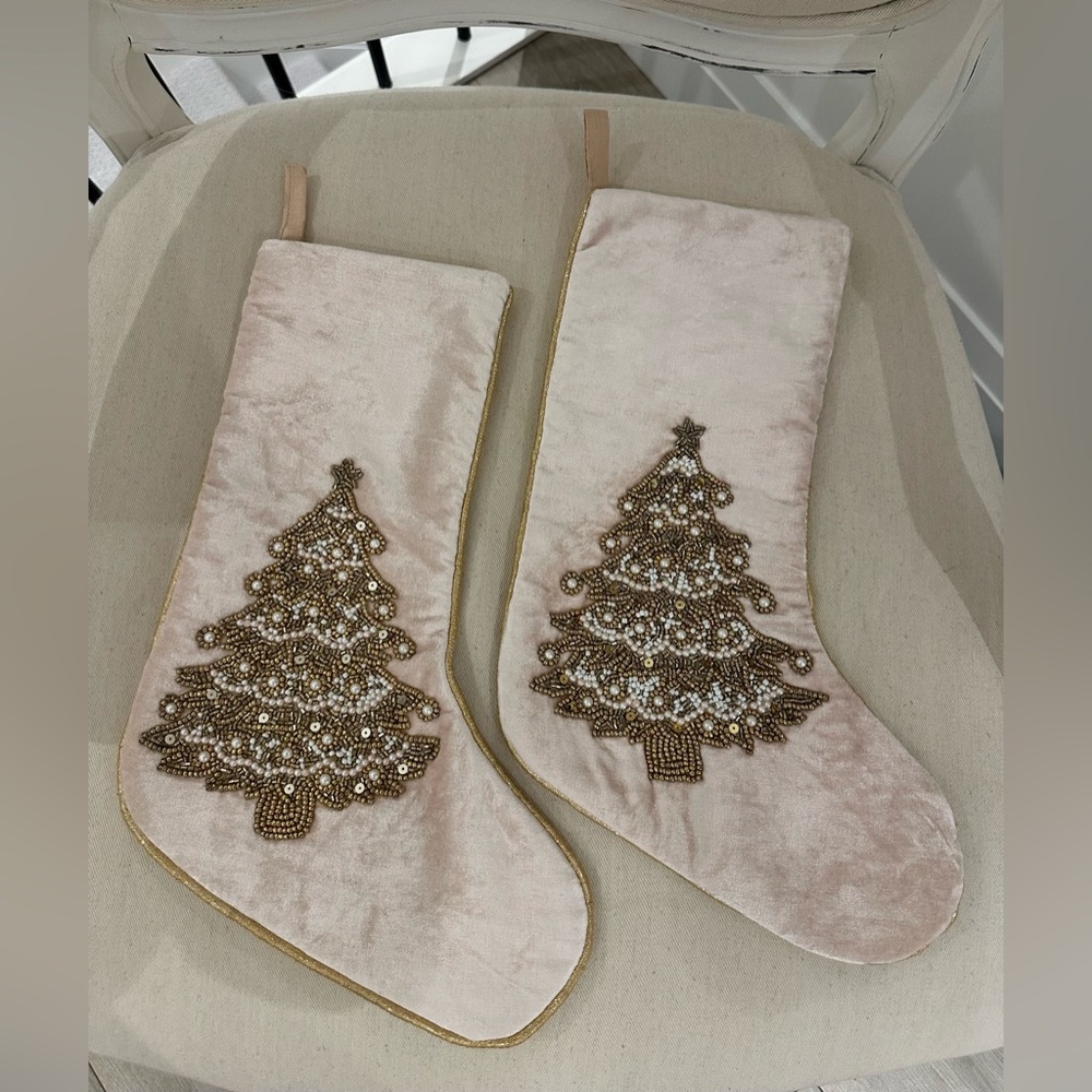 Elegant Pale Pink Velvet & Cream Pearl and Gold Christmas Stockings Set of 2 NWT